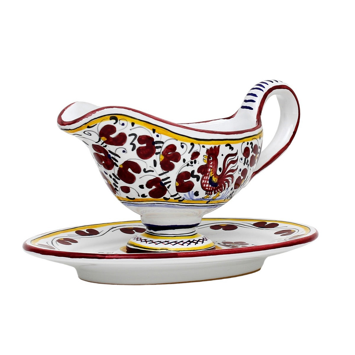 ORVIETO RED ROOSTER: Gravy Sauce Boat with Tray [R] - artisticaitalian.com