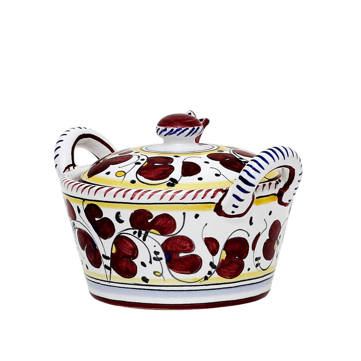 ORVIETO RED ROOSTER: Covered Parmesan Cheese Bowl with Spoon [STRIPED RIM] - artisticaitalian.com