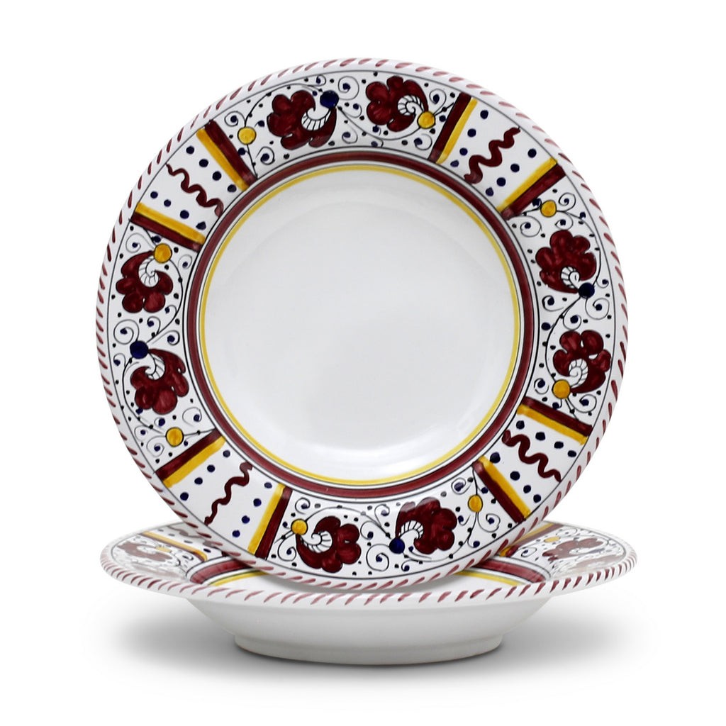 ORVIETO RED ROOSTER: Rim Pasta Soup Bowl (White Center) [STRIPED RIM] - artisticaitalian.com