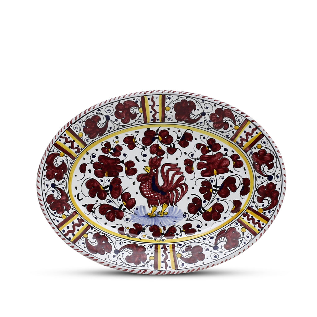 ORVIETO RED ROOSTER: Oval Plate [STRIPED RIM] - artisticaitalian.com