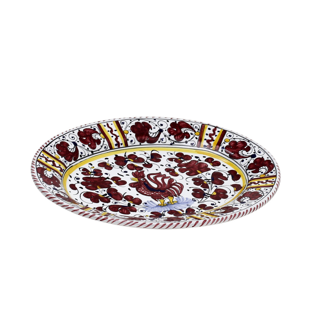 ORVIETO RED ROOSTER: Oval Plate [STRIPED RIM] - artisticaitalian.com