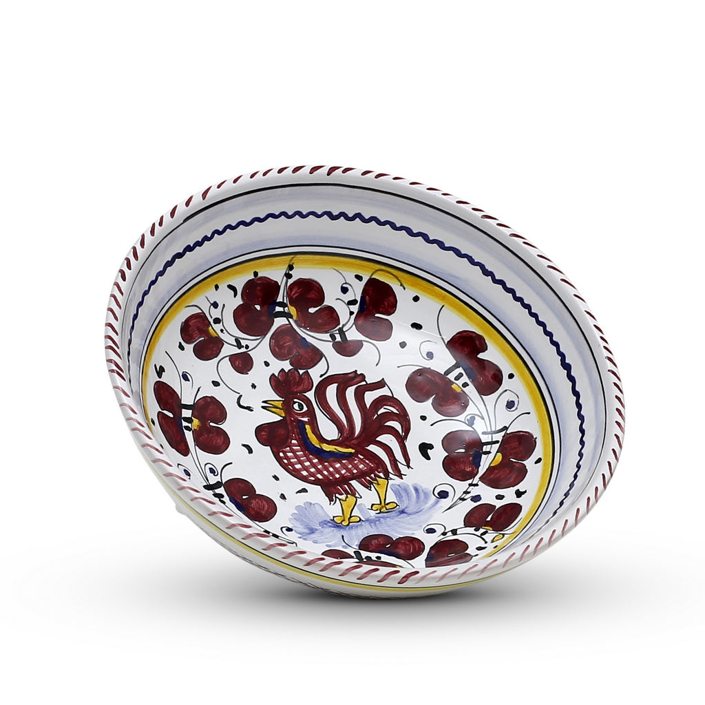 ORVIETO RED ROOSTER: Coupe Pasta/Soup Bowl [STRIPED RIM] - artisticaitalian.com