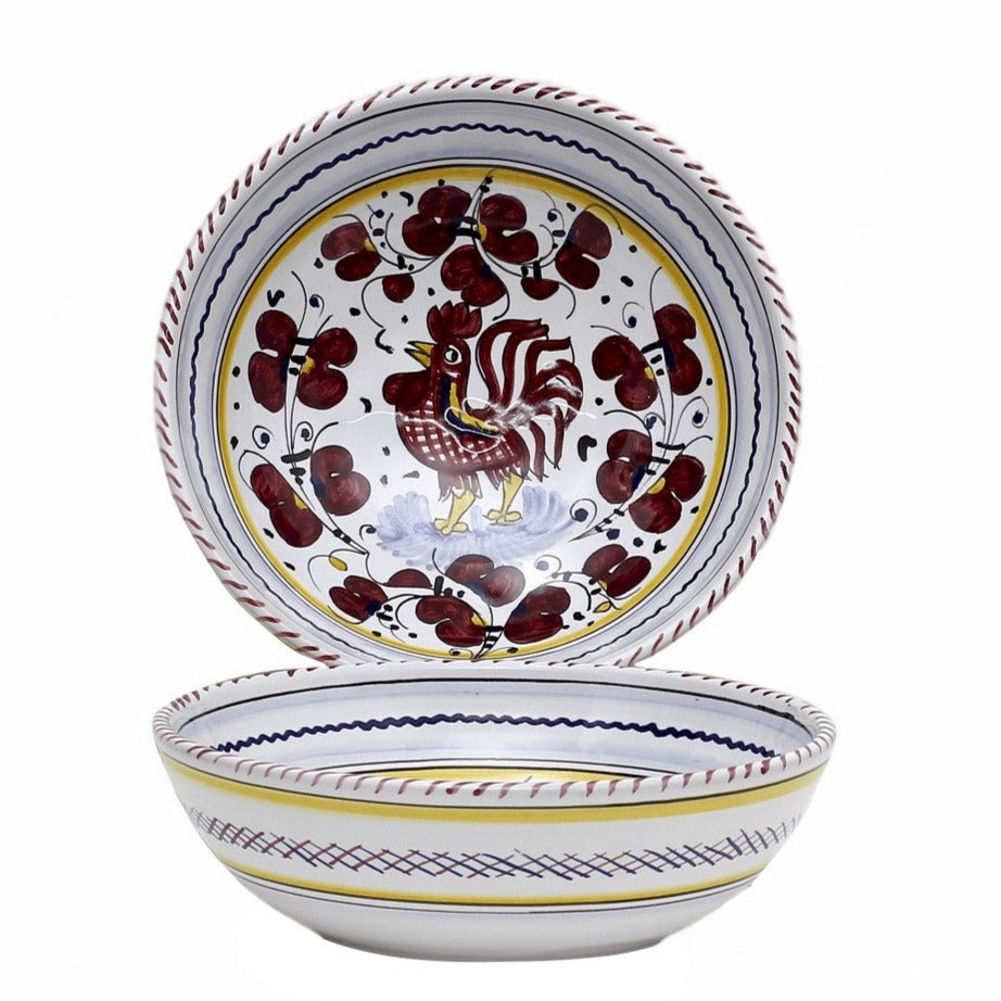 ORVIETO RED ROOSTER: Coupe Pasta/Soup Bowl [STRIPED RIM] - artisticaitalian.com