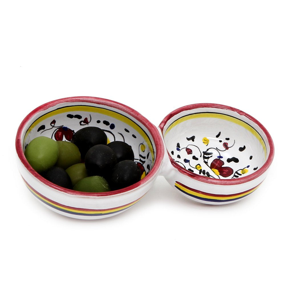 ORVIETO RED ROOSTER: Olive Dish Bowl - Relish and Condiments divided bowl [R] - artisticaitalian.com