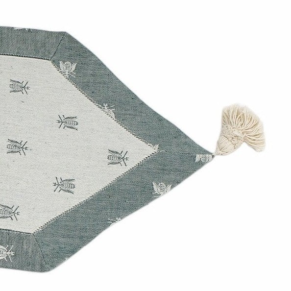 BUSATTI: Runner with tassels (60% Linen and 40% Cotton) GREEN with Bees (Reversible two tones) - artisticaitalian.com