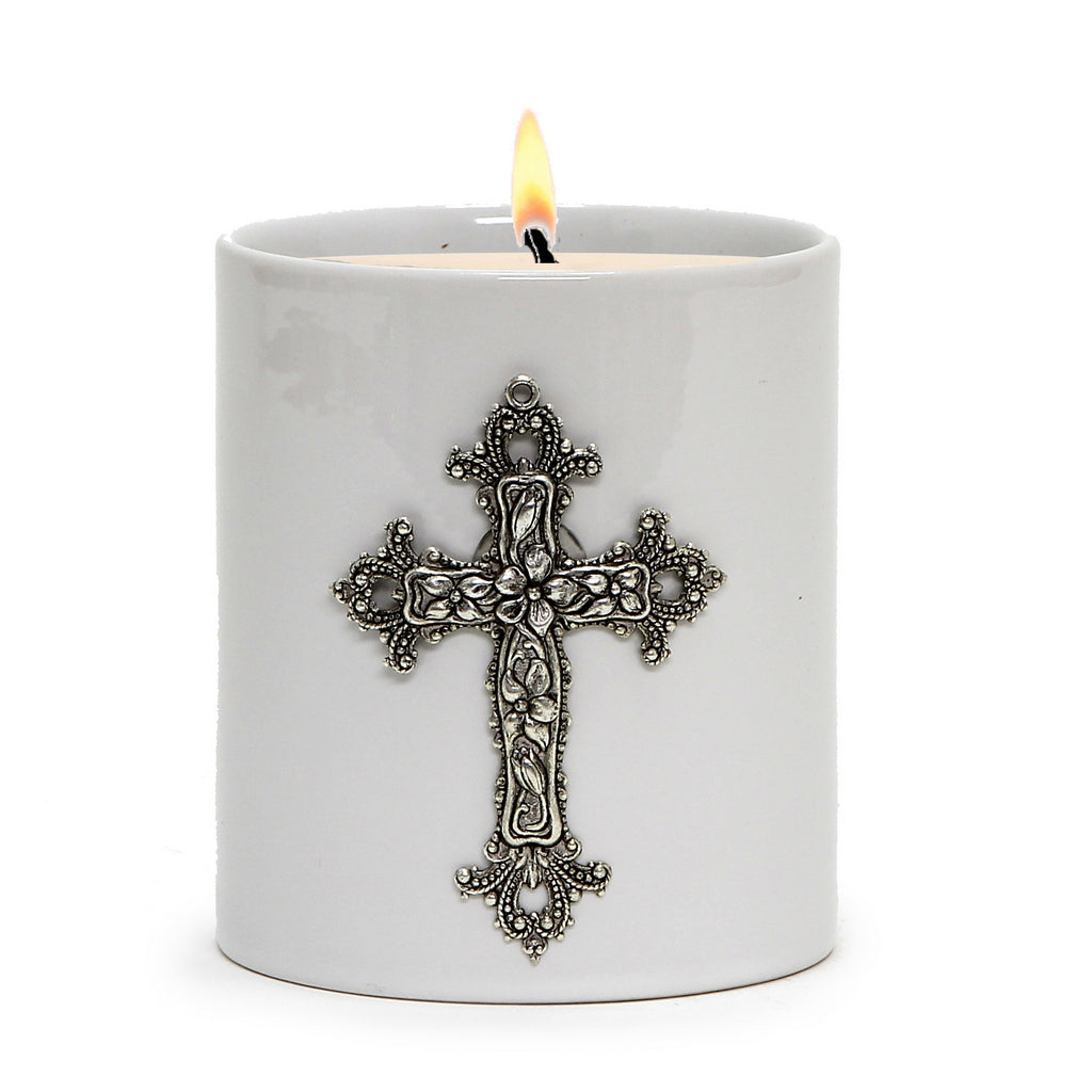 MONDIAL CANDLES: BIANCA Collection - Porcelain Container Candle with Antique Silver Crucifix - artisticaitalian.com