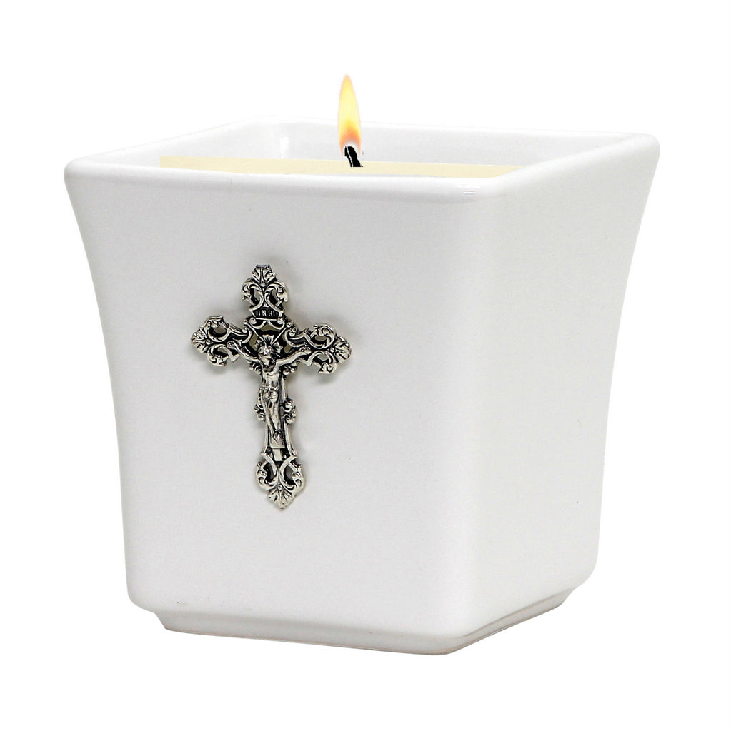 MONDIAL CANDLES: BIANCA Collection - Ceramic Square Container Candle with Antique Silver Crucifix - artisticaitalian.com