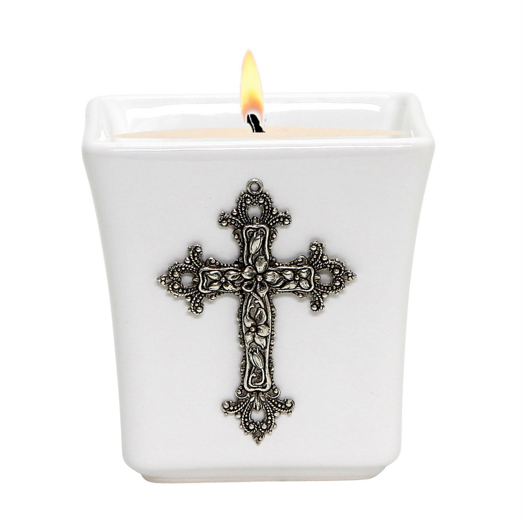 MONDIAL CANDLES: BIANCA Collection - Ceramic Square Container Candle with ANTIQUE SILVER Floral Cross Ornament - artisticaitalian.com