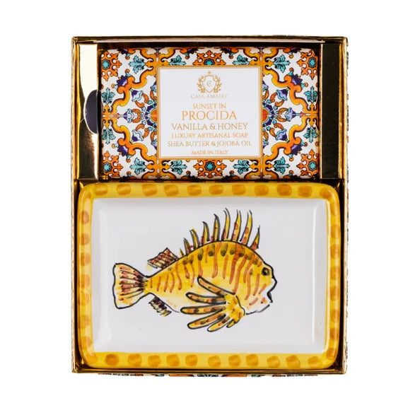 CASA AMALFI SOAPS: Scented Soap Bar with ceramic soap dish - Sunset in Procida Set - artisticaitalian.com