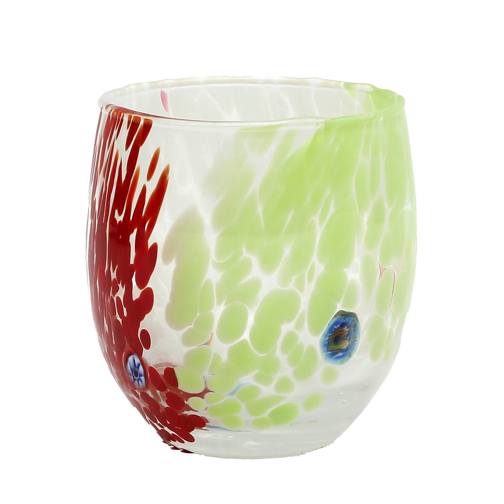 MURANO MURRINA STYLE: Stemless Wine/Water Glass fully hand made (Red Mix) NEW! - artisticaitalian.com