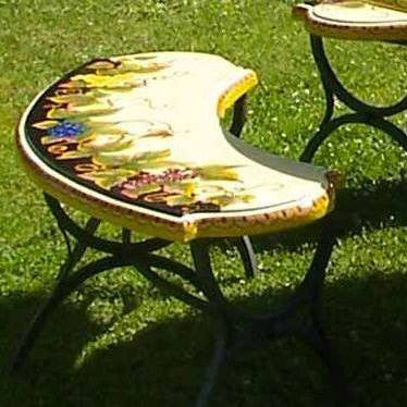 WROUGHT IRON BENCH WITH CERAMIC TOP: Large Curved model design (Seats Two) in Deruta, Italy. - artisticaitalian.com