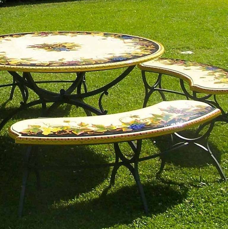 WROUGHT IRON BENCH WITH CERAMIC TOP: Large Curved model design (Seats Two) in Deruta, Italy. - artisticaitalian.com