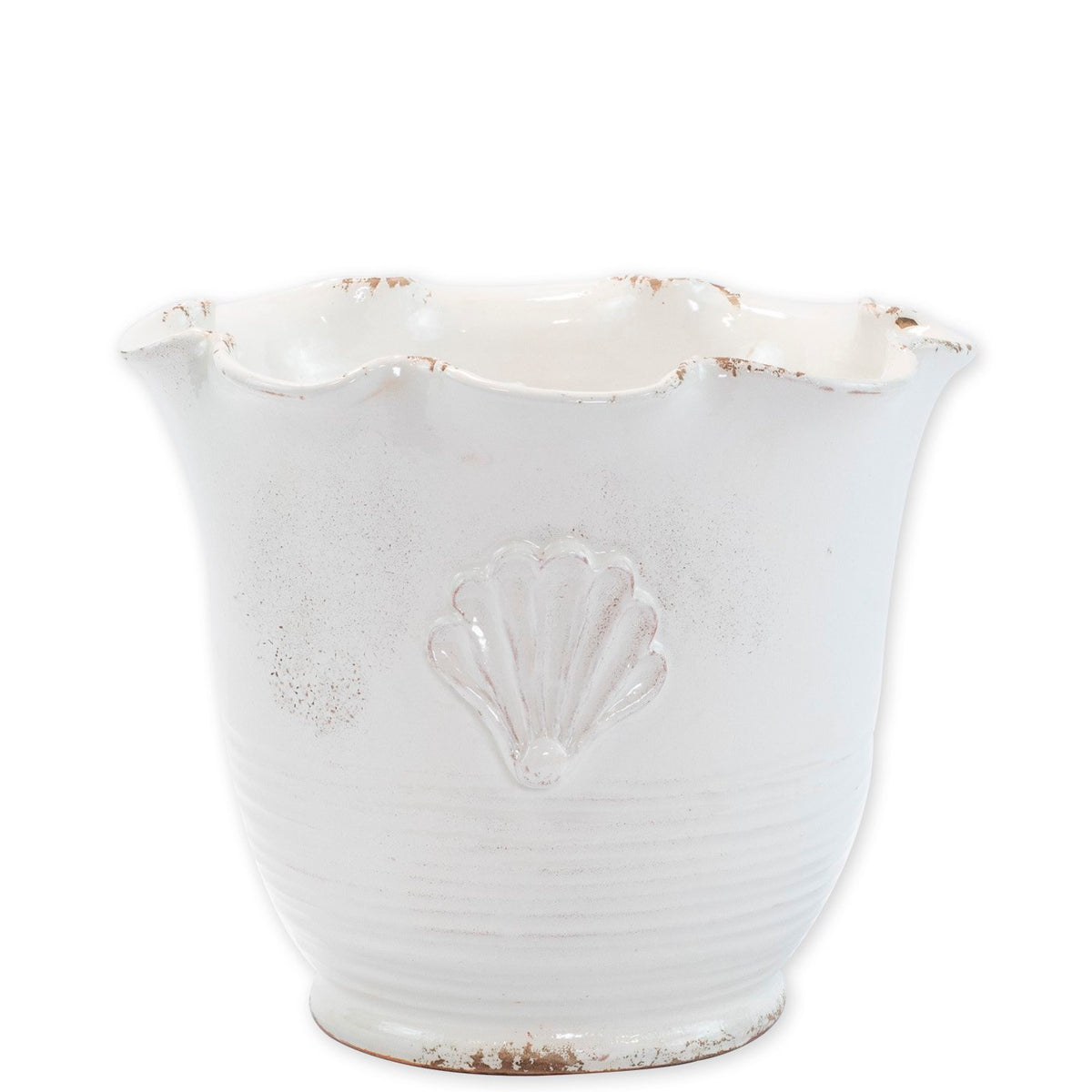 VIETRI: Rustic Garden White Small Scallop Planter w/ Emblem - artisticaitalian.com